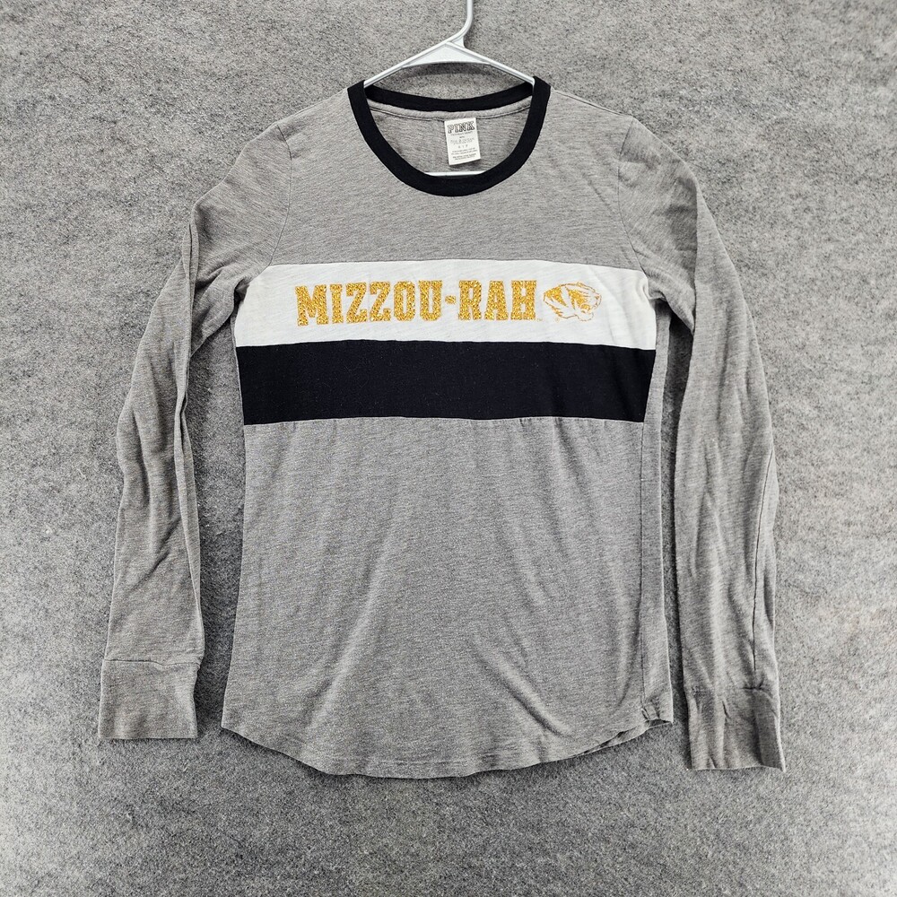 Missouri Tigers Mizzou Shirt Womens Small PINK Victoria Secret Gray Long Sleeve